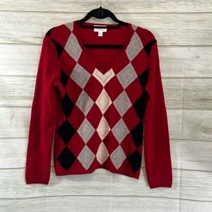 Charter Club Women’s Red Argyle 2-Ply Cashmere V-Neck Sweater • MEDIUM